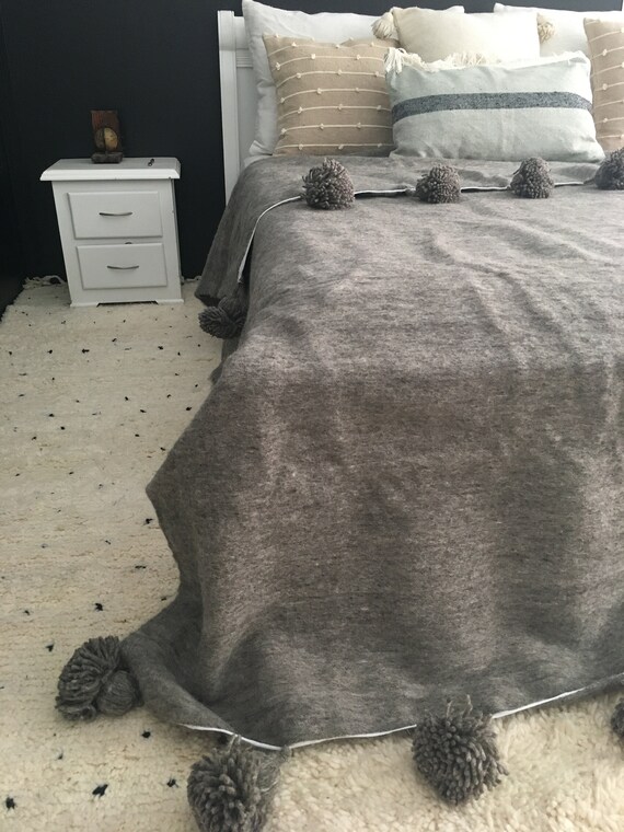 Moroccan blanket with pompom loomed by handcharcoal grey Etsy