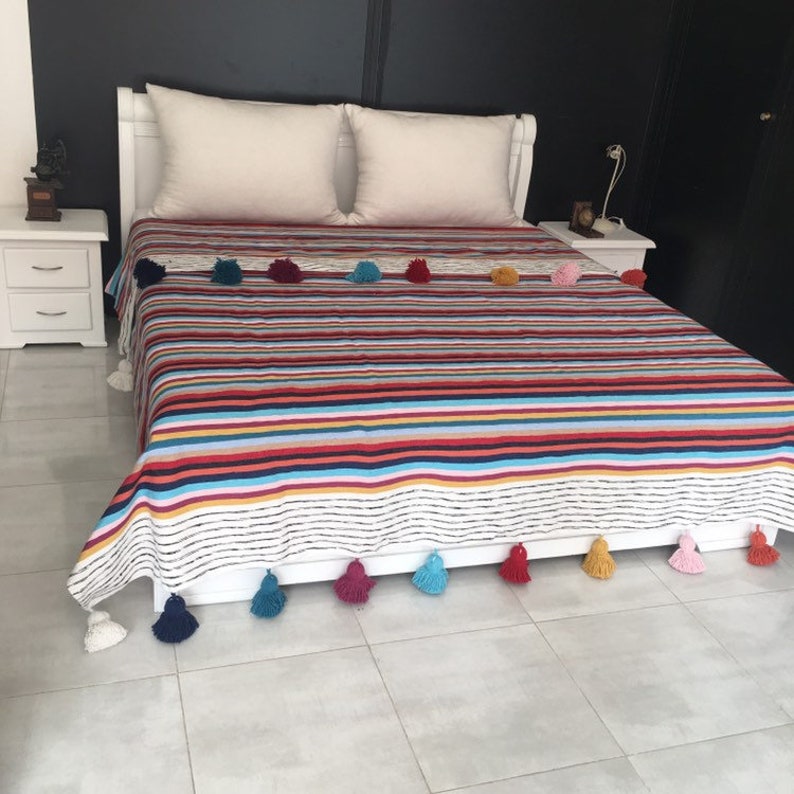 Colorful Moroccan Pom Pom Throw Blanket with Tassels Duvet Etsy