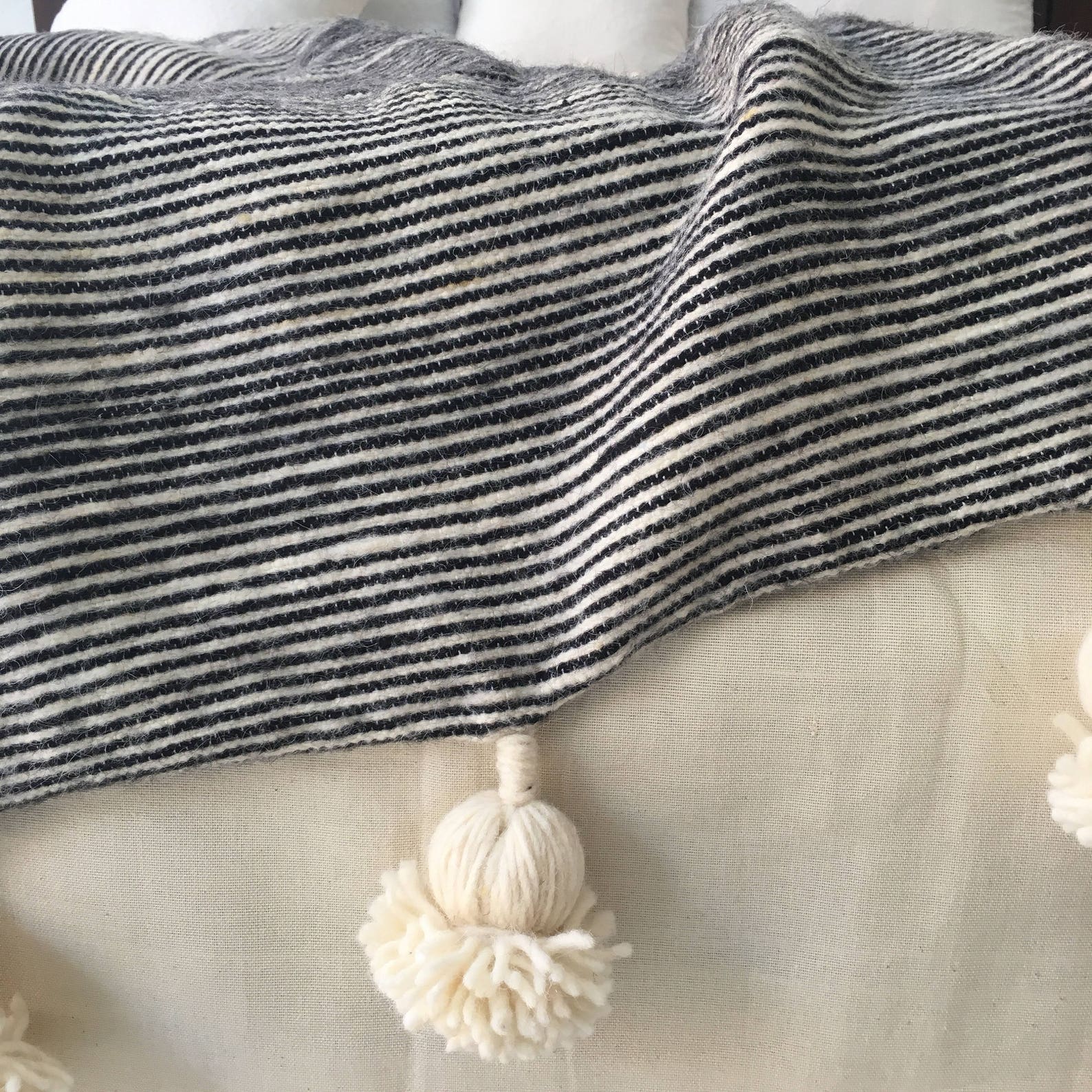 Wool Pom Pom Blankets Made by Berber Weavers Etsy