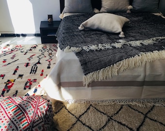 Moroccan wool throws with fringes ,knit design,Black pattern wool throw