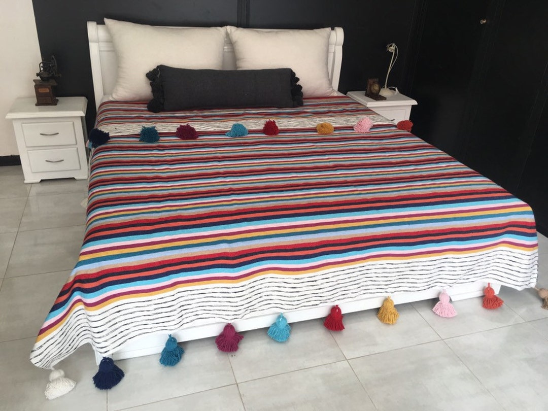 Colorful Moroccan Pom Pom Throw Blanket With Tassels Duvet Cover