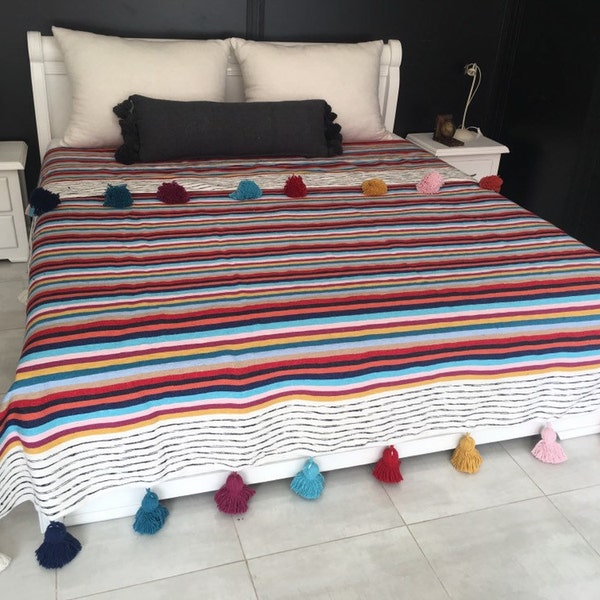Colorful Moroccan Pom Pom Throw Blanket with Tassels | Duvet Cover Blanket made from Hand Woven Cotton | Sofa Couch Throw | Bed End Blanket