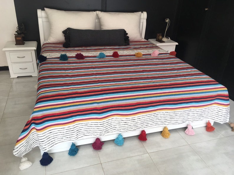 Colorful Moroccan Pom Pom Throw Blanket With Tassels Duvet Etsy Canada