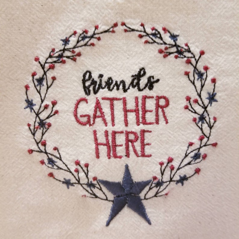 Friends Gather Here Wreath tea towel