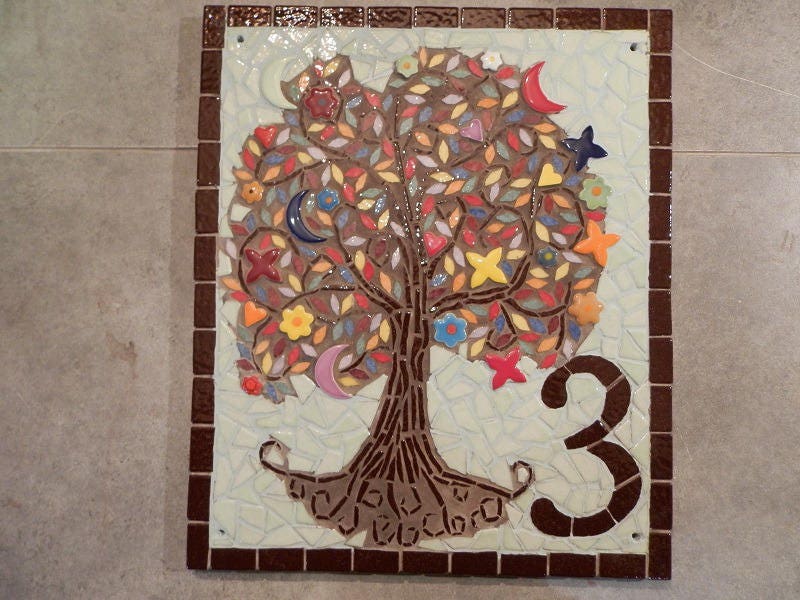 Arbre de Vie Mosaïque-Bleu, Vert, Marron, Rouge, Orange, Jaune, Grenat Plaque Maison