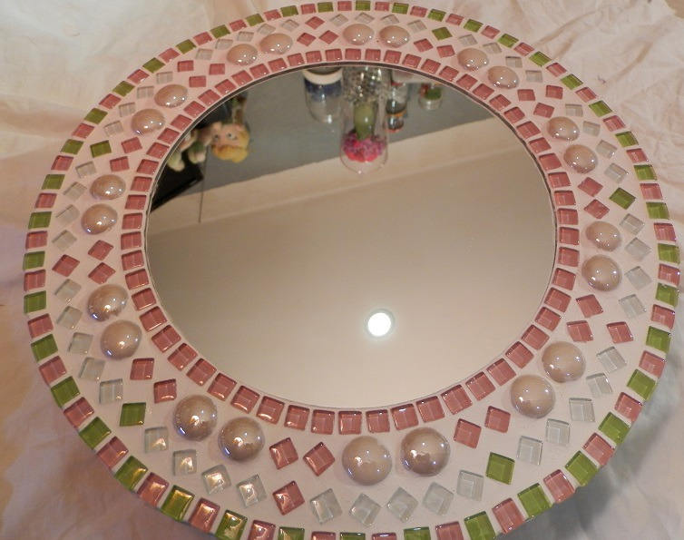 Miroir Mosaïque Rond Micro Vetrocristal Rose Blanc et Vert