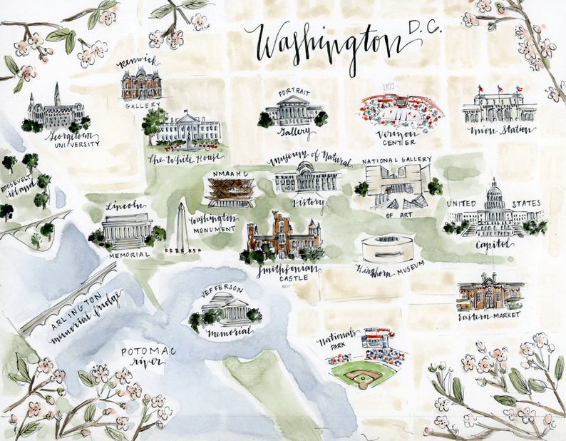Downtown Washington DC Illustrated Map Original Watercolor | Etsy