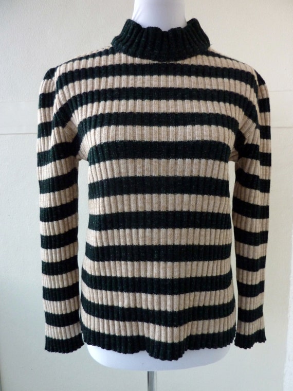 Wool Winter Sweater green stripes Mens Turtleneck