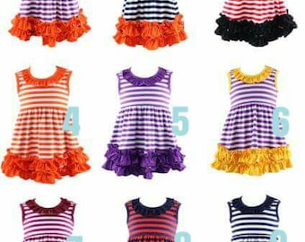 PREORDER striped ruffle dresses. Add Name, Monogram, Applique, Fall, Football Halloween, Thanksgiving. Arrive in August. Personalize
