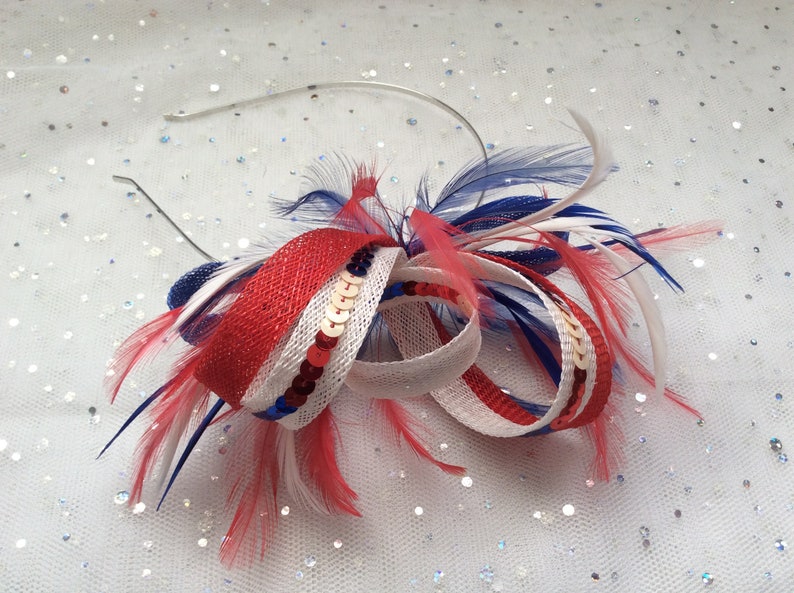 3mm silver headband SINAMAY and SEQUIN FASCINATOR Blue and White Colour Red With biot and hackle feathers