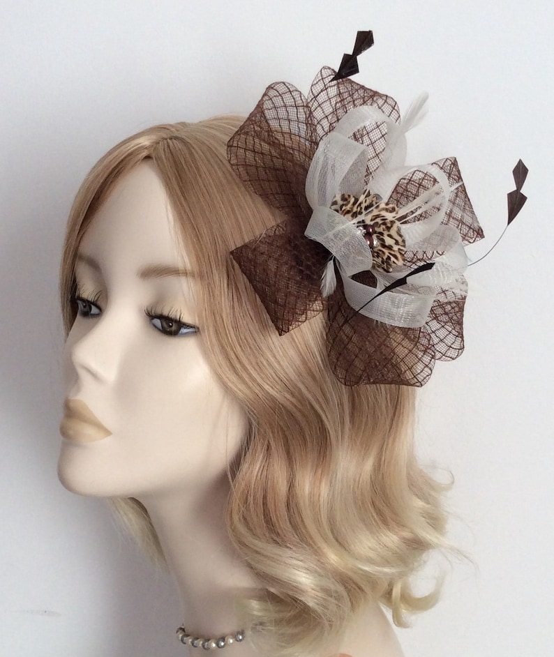 CHOCOLATE BROWN and IVORY Fascinator chiffon Flower feathers on clip Diamond Crin