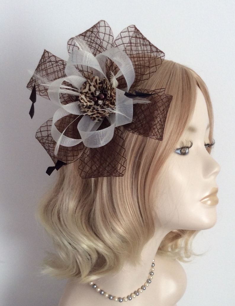 CHOCOLATE BROWN and IVORY Fascinator chiffon Flower feathers on clip Diamond Crin