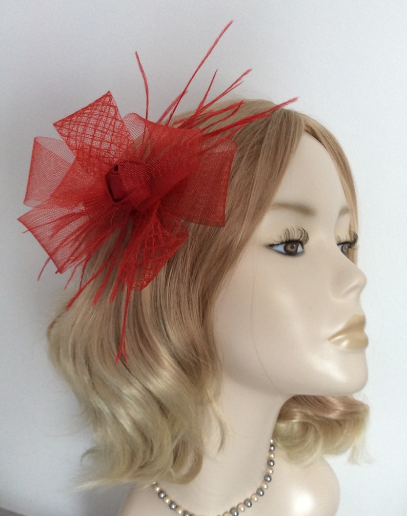 satin rosebud A RED FASCINATOR feathers Diamond crin on a clip