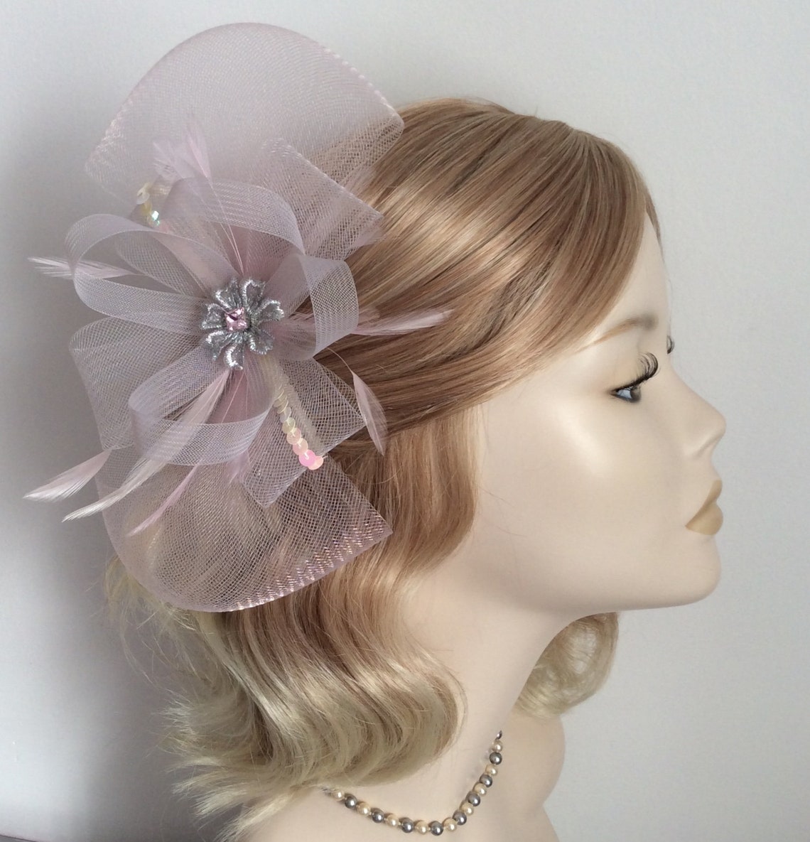 A PINK GREY FASCINATOR With plain crin feathers sequins Etsy