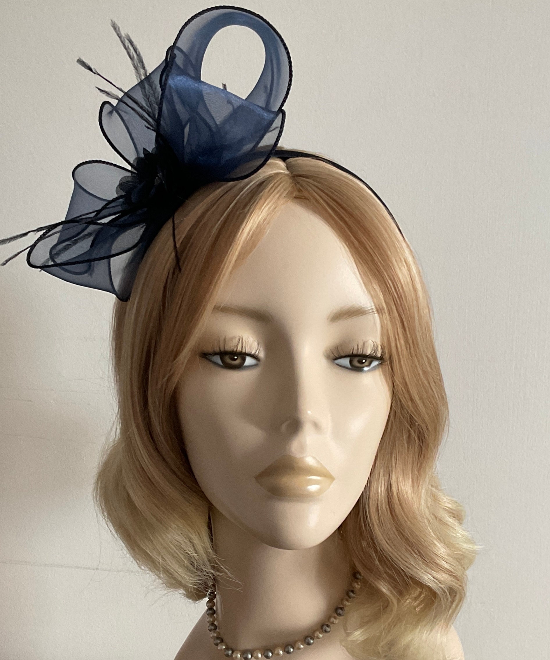 A NAVY BLUE FASCINATOR With Organza Bows Ostrich Feathers Etsy UK