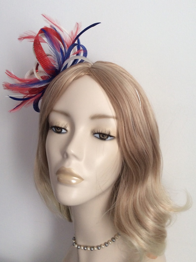 3mm silver headband SINAMAY and SEQUIN FASCINATOR Blue and White Colour Red With biot and hackle feathers