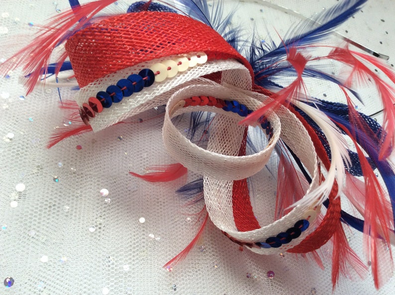 3mm silver headband SINAMAY and SEQUIN FASCINATOR Blue and White Colour Red With biot and hackle feathers
