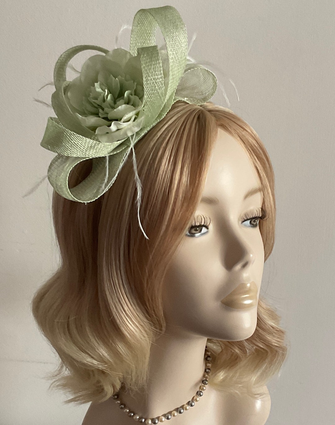 A MINT GREEN FASCINATOR With Sinamay Ivory Feathers Peony Etsy UK