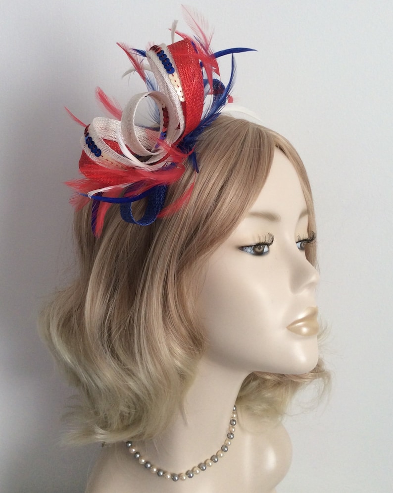 3mm silver headband SINAMAY and SEQUIN FASCINATOR Blue and White Colour Red With biot and hackle feathers