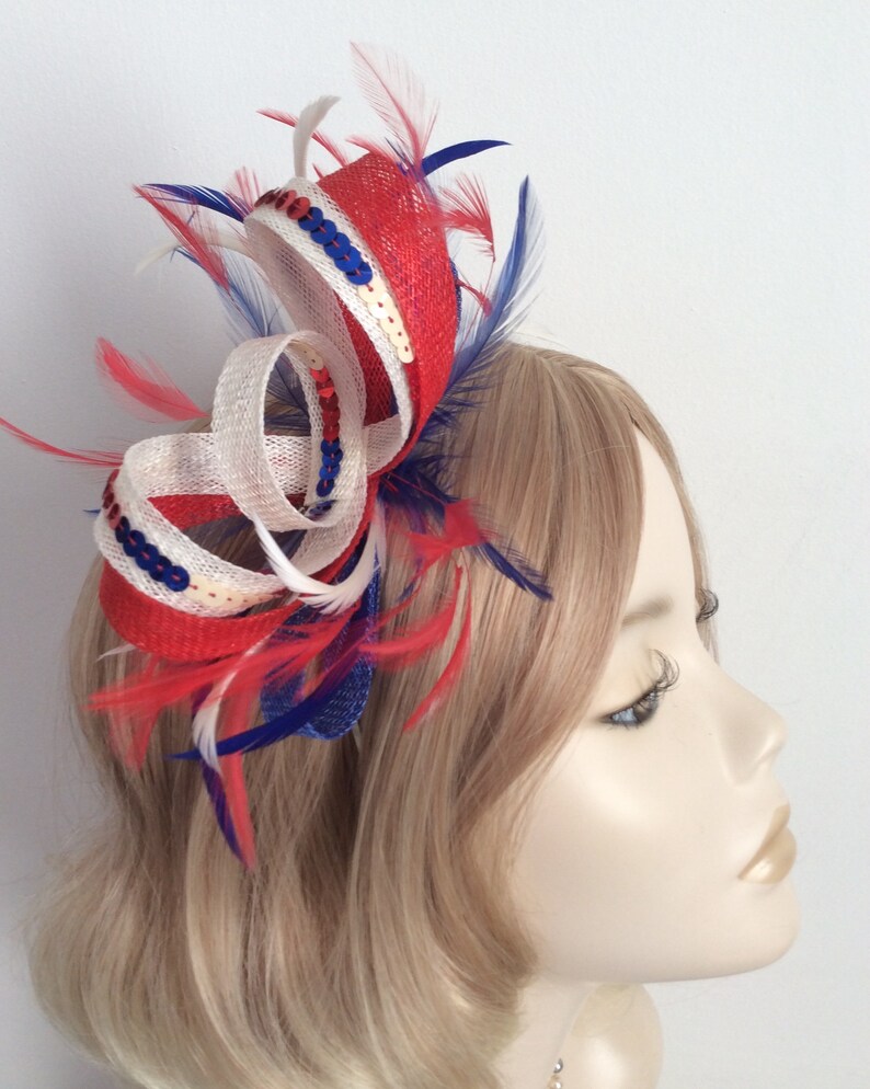 3mm silver headband SINAMAY and SEQUIN FASCINATOR Blue and White Colour Red With biot and hackle feathers