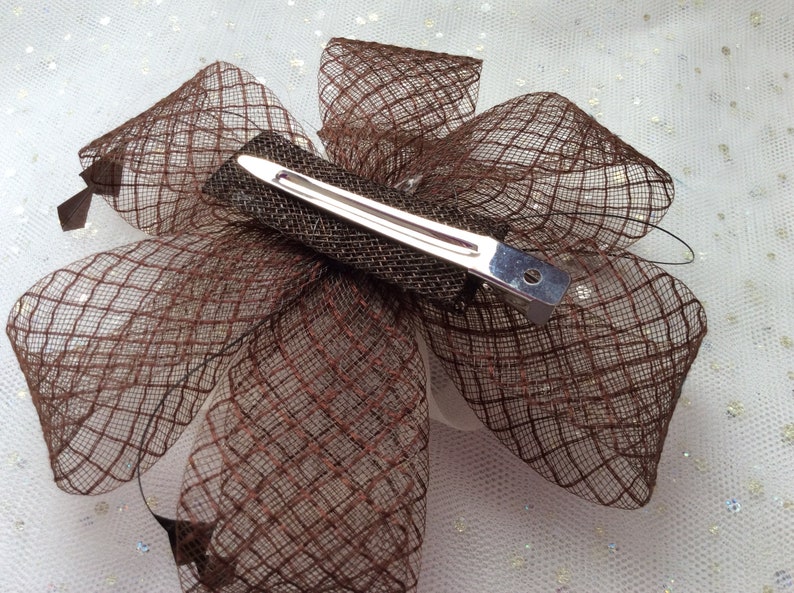 CHOCOLATE BROWN and IVORY Fascinator chiffon Flower feathers on clip Diamond Crin