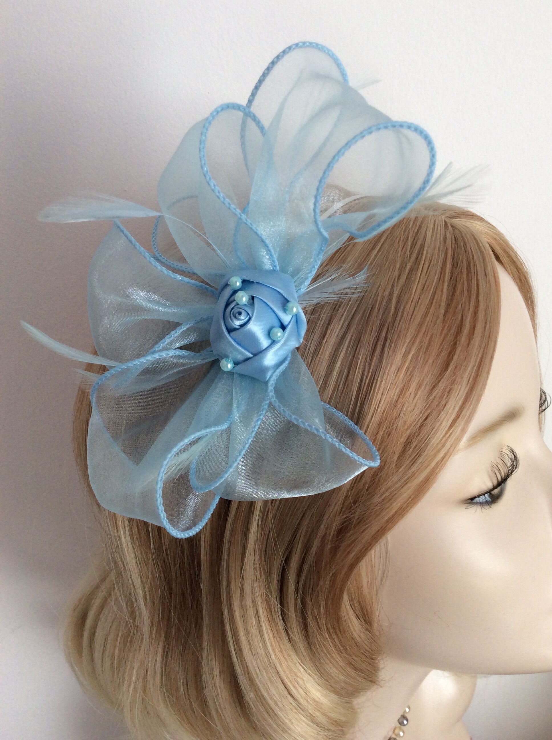 A SKY BLUE FASCINATOR With Organza bows feathers satin Etsy