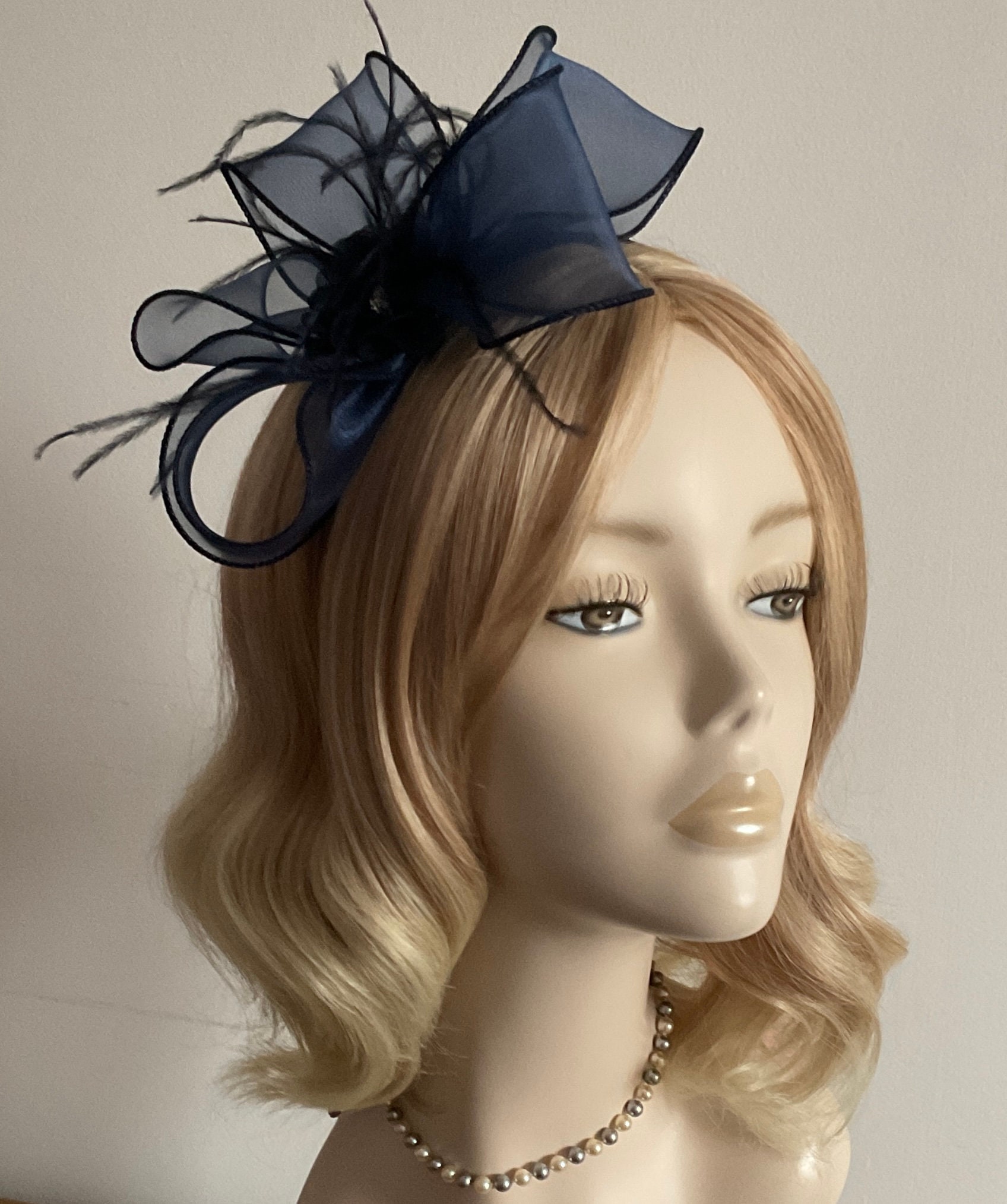 A NAVY BLUE FASCINATOR With Organza Bows Ostrich Feathers Etsy UK