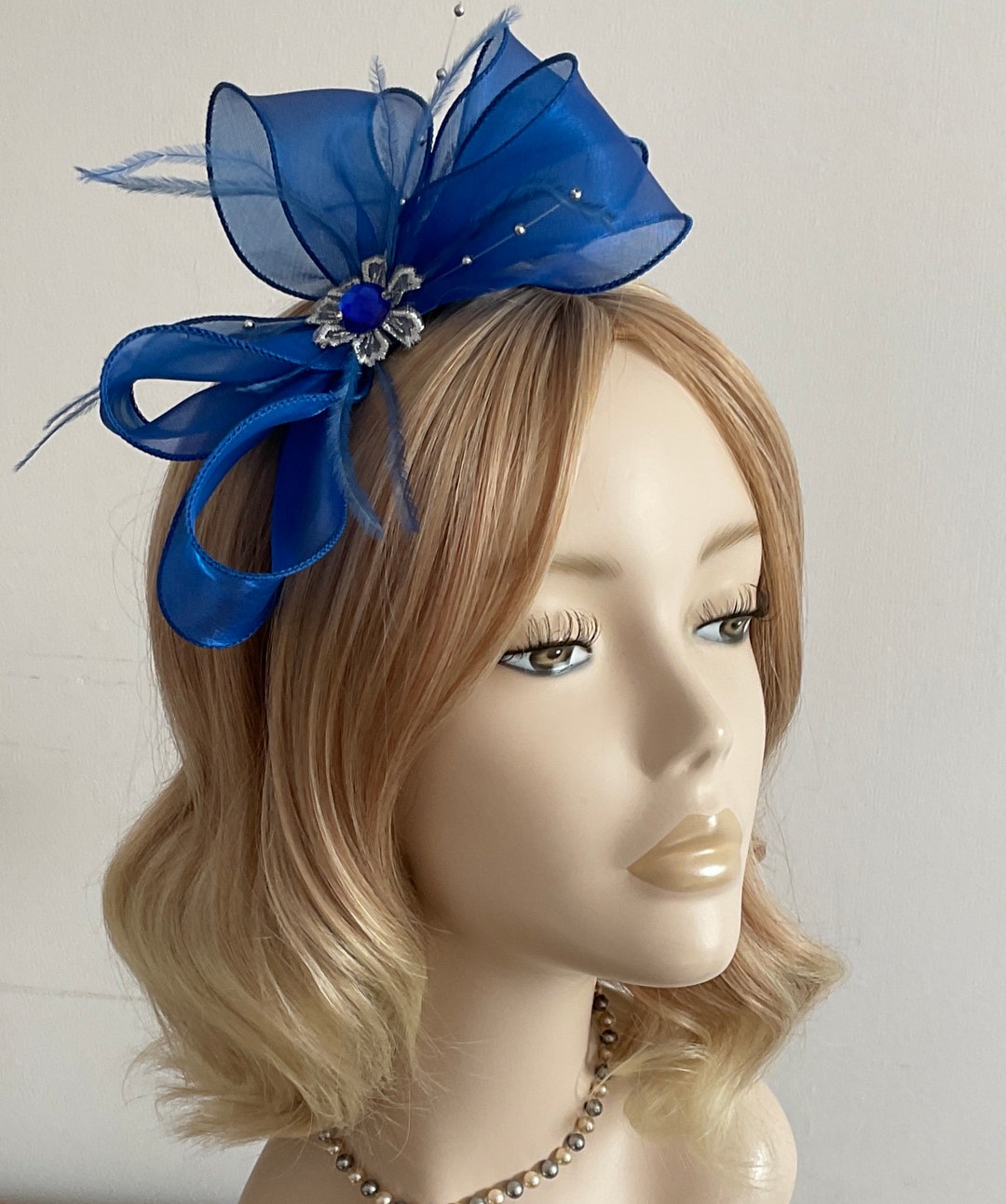 A ROYAL BLUE FASCINATOR With Organza Bows Feathers Flower Etsy