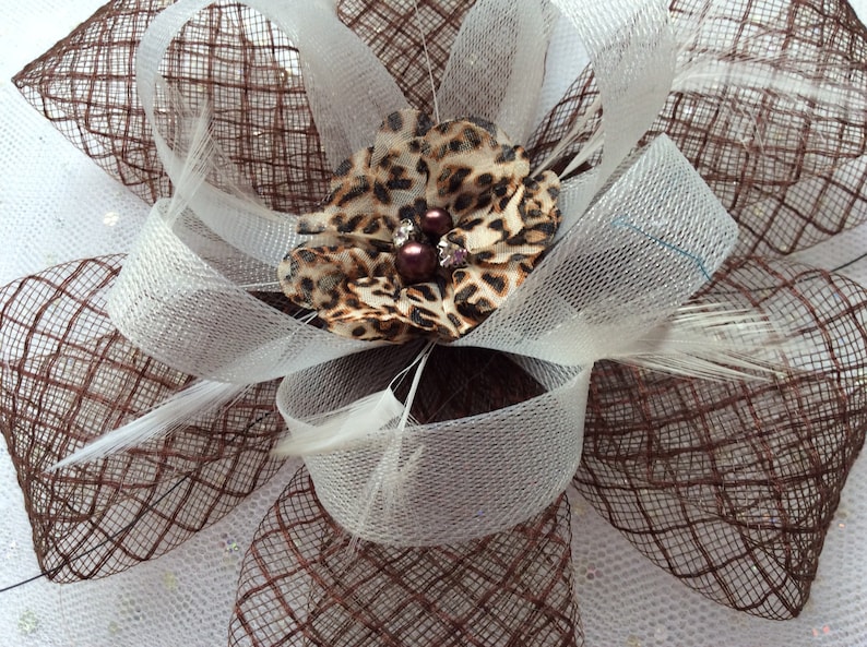 CHOCOLATE BROWN and IVORY Fascinator chiffon Flower feathers on clip Diamond Crin