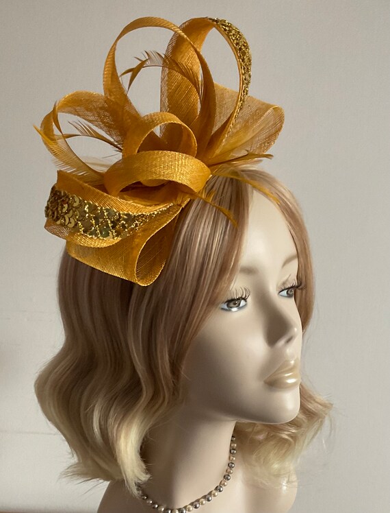 A GOLD MUSTARD FASCINATOR With Sinamay Sequins Feathers - Etsy Singapore