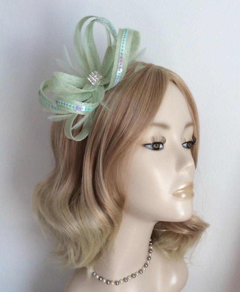 MINT GREEN FASCINATOR with feathers sequins Square of Etsy