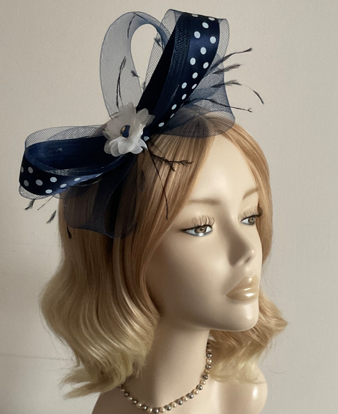 A NAVY BLUE and WHITE Fascinator Made With Crin Feathers Etsy