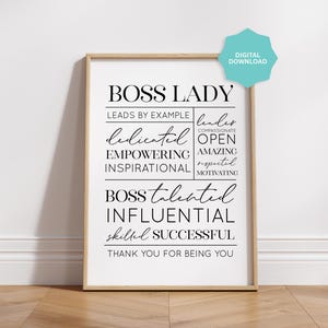 Citation de la patronne, signe d'appréciation de bureau inspirant, cadeau imprimable du jour du patron pour directeur, citation d'art mural pour décoration de bureau à domicile