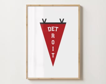 Detroit Sports Poster Vintage City Pennant Flag Red Wings Inspired College Apartment Gift Hockey Wall Art Dorm Room Decor