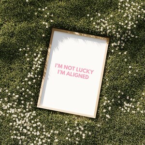 May include: A framed print with the text "I'M NOT LUCKY I'M ALIGNED" in pink lettering. The print has a light wood frame and is set against a backdrop of green grass and small white flowers.