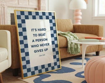 Never Give Up Quote Babe Ruth Baseball Poster Print Blue Checkered Sports Decor for Nursery Wall Art