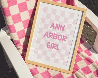 Ann Arbor Girl Michigan Poster Print Pink Dorm Room Decor Checkerboard Wall Art Digital Download