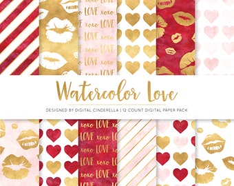 DIGITAL DOWNLOAD: Watercolor Gold Foil Love Digital Paper Pack, Red and Gold Foil Digital Paper, Heart Digital Paper, Love Digital Paper