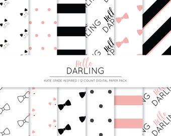 DIGITAL DOWNLOAD: Kate Spade Inspired Digital Paper, Kate Spade Scrapbooking Paper, Stripe Background, Polka Dot Background, Bow Paper