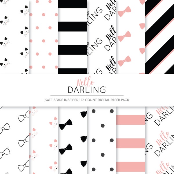 DIGITAL DOWNLOAD: Kate Spade Inspired Digital Paper, Kate Spade Scrapbooking Paper, Stripe Background, Polka Dot Background, Bow Paper