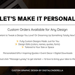 May include: White card with the text "LET'S MAKE IT PERSONAL" and information about custom graphic design services. The card includes details about custom designs, design edits, and personalized gifts. A laptop keyboard is visible in the background.