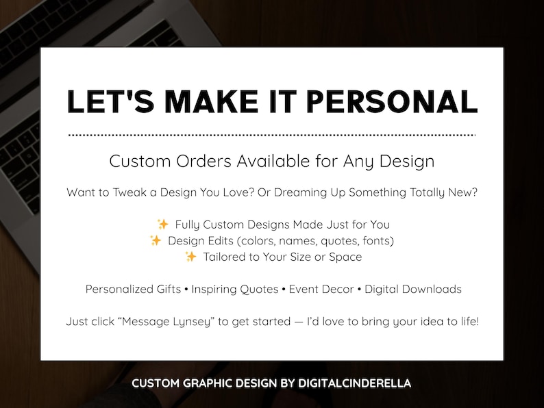 May include: White card with the text "LET'S MAKE IT PERSONAL" and information about custom graphic design services. The card includes details about custom designs, design edits, and personalized gifts. A laptop keyboard is visible in the background.
