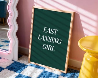 East Lansing Girl Print Green White College Dorm Decor Wall Art College Town Apartment Michigan Inspired