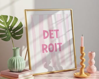 Detroit Wall Art Pink Stripe City Artwork Trendy Gallery Wall Detroit Apartment Housewarming Gift Dorm Room Decor Poster Print
