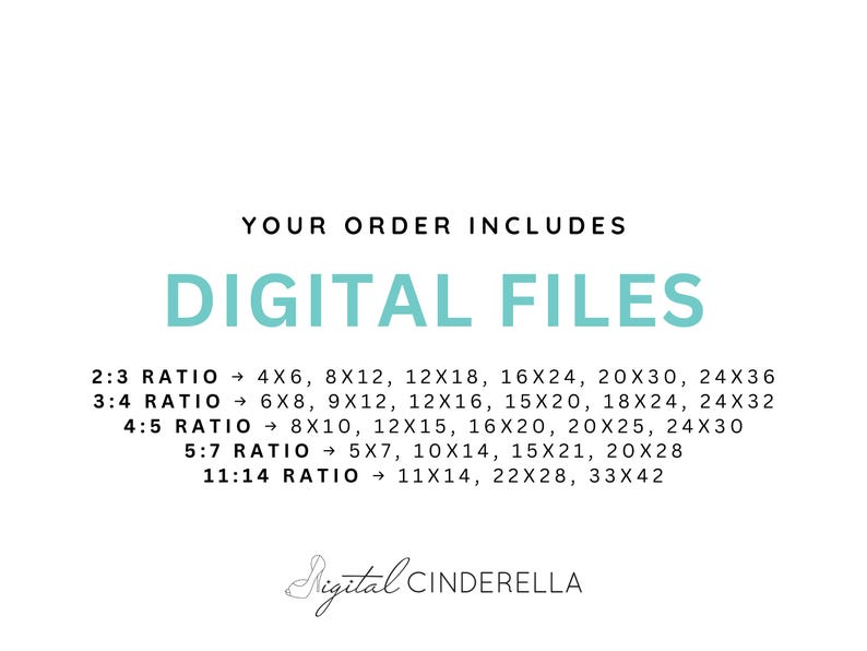 May include: White background with the text "YOUR ORDER INCLUDES DIGITAL FILES" in black and teal. Below, various aspect ratios and sizes are listed, such as 4x6, 8x12, 12x18, and 16x24 inches. The Digital Cinderella logo is at the bottom.