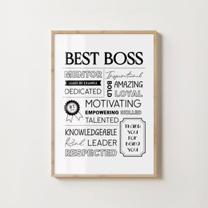 Op de afbeelding: Een zwart-witte printbare poster met de tekst "Best Boss" en een lijst met positieve eigenschappen, waaronder "Mentor", "Inspirerend", "Geweldig", "Toegewijd", "Loyal", "Motiverend", "Empowering", "Bekwaam", "Getalenteerd", "Kennisrijk", "Vriendelijke leider" en "Gerespecteerd".