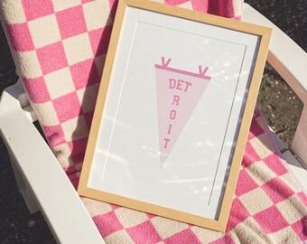 Detroit Pennant Flag Poster Pink Sports Artwork Vintage City Gallery Wall Art College Apartment Michigan Girl Dorm Room Decor
