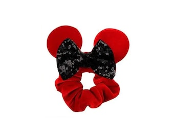 Mouse Ear Scrunchies, Minnie Inspired Scrunchies, Mouse Hair Bow Black Red, Christmas Hair Bow, Black Red Velvet Hair Bow Scrunchies Red