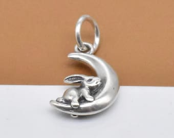 2 dijes de conejo y luna de plata de ley, dije de conejo de plata 925, dije de conejito de Pascua, dije de animal, dije de luna, dije para pulsera, dije para collar