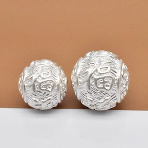 2 Sterling Silver Good Fortune Beads, 925 Silver Lucky Beads, Good Luck Beads, Round Ball Bead, Chinese Fu Bead, Bracelet Bead 10mm 12mm